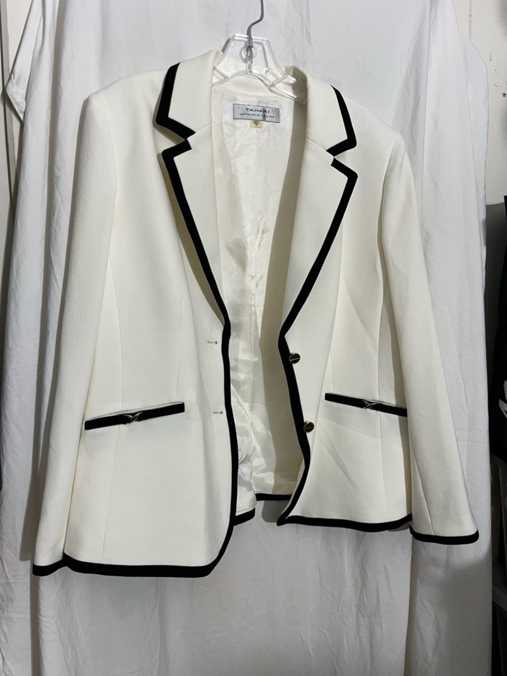 Tahari ASL White Blazer with Black Trim - Notch Lapel Tailored Jacket